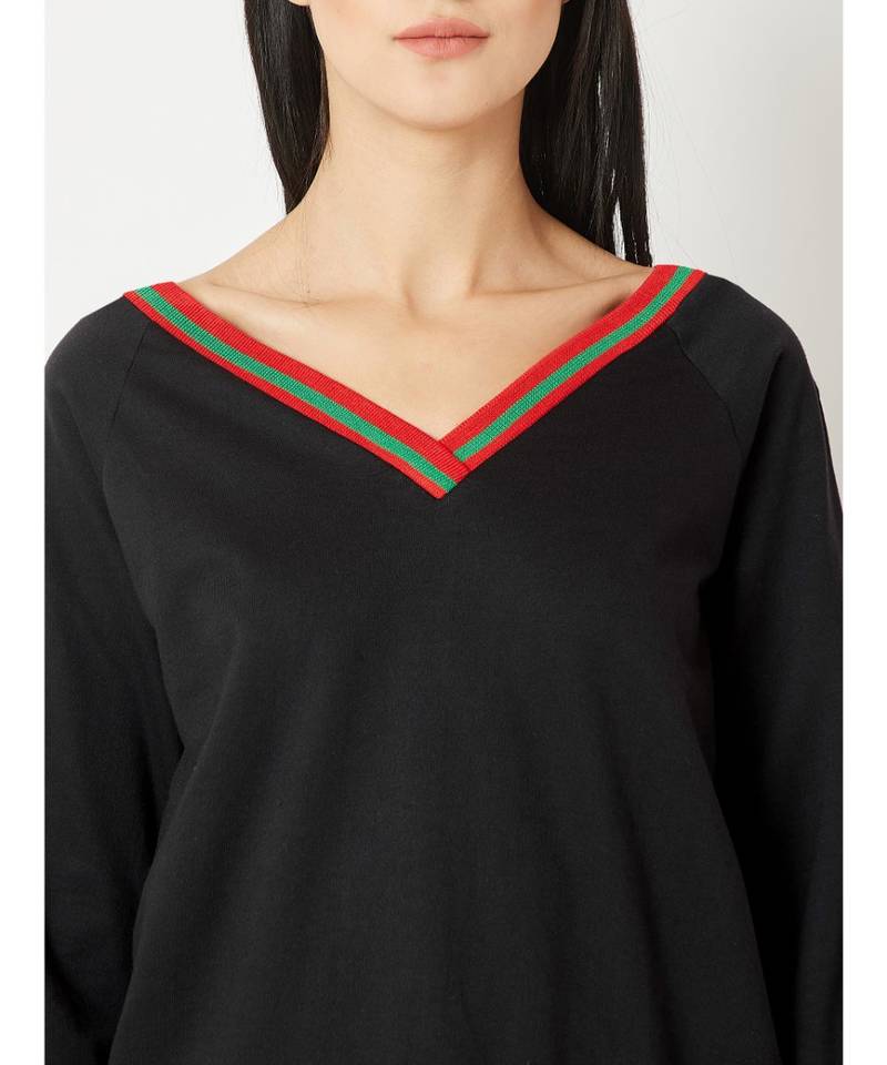 Women's Black V-Neck full_sleeve Cotton Solid Boxy Ribbed Sweatshirt