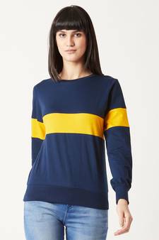 Women's blue Round Neck full_sleeves Cotton Solid Boxy Color block Sweatshirt
