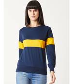 Women's blue Round Neck full_sleeves Cotton Solid Boxy Color block Sweatshirt