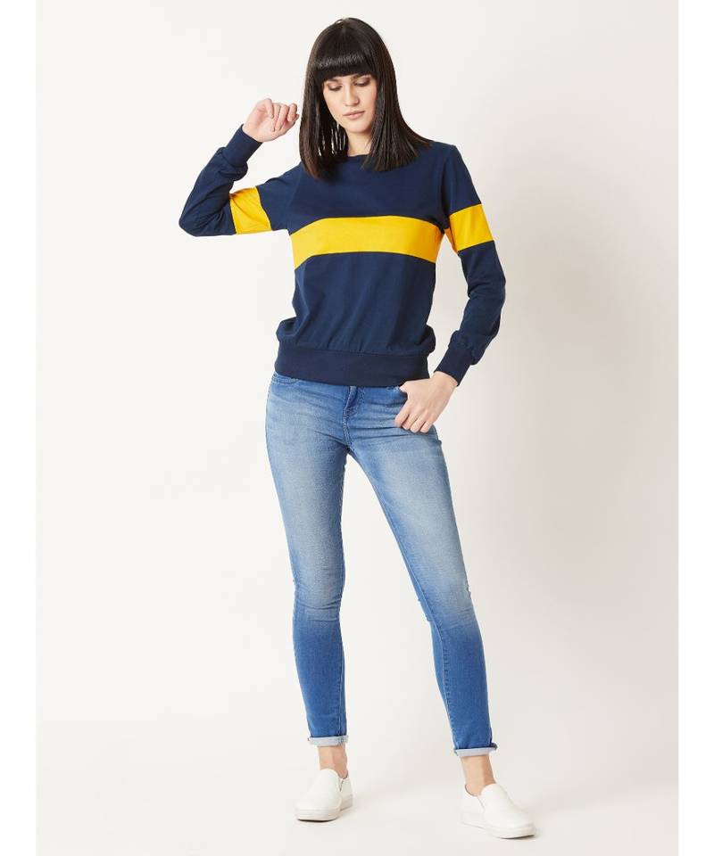 Women's blue Round Neck full_sleeves Cotton Solid Boxy Color block Sweatshirt