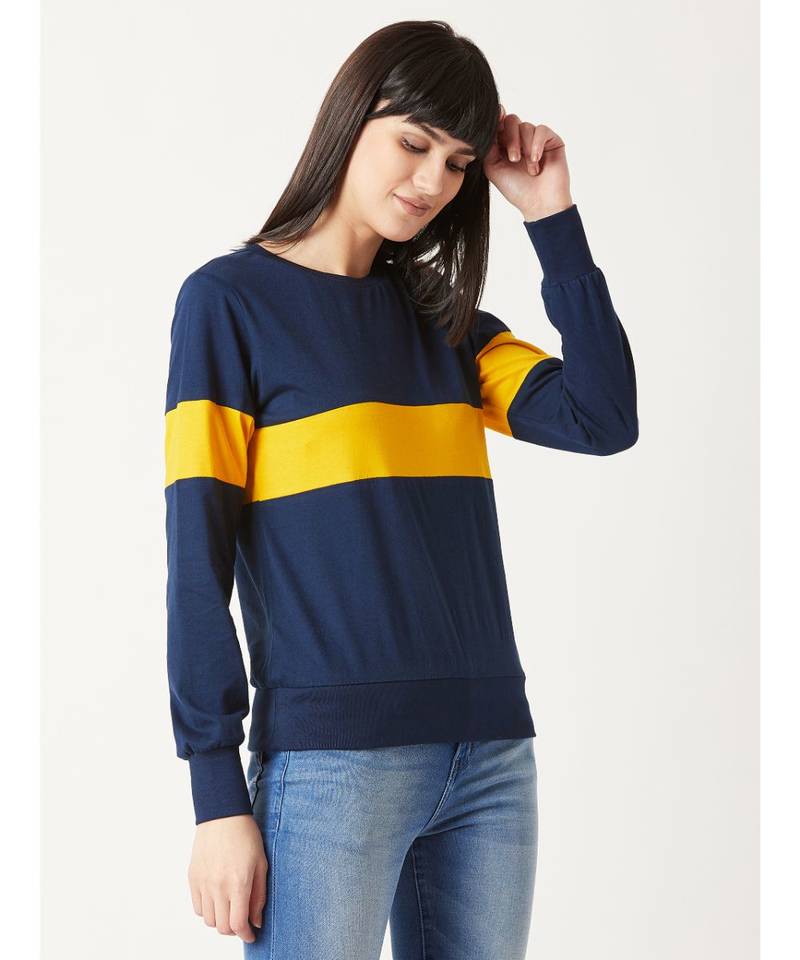Women's blue Round Neck full_sleeves Cotton Solid Boxy Color block Sweatshirt