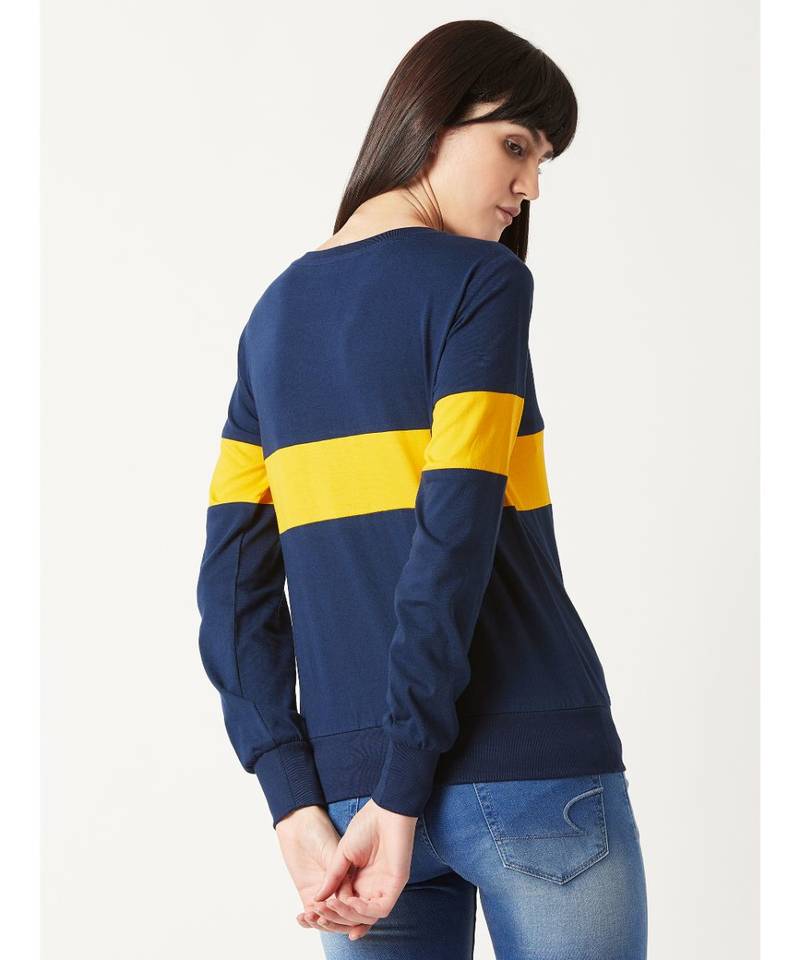 Women's blue Round Neck full_sleeves Cotton Solid Boxy Color block Sweatshirt