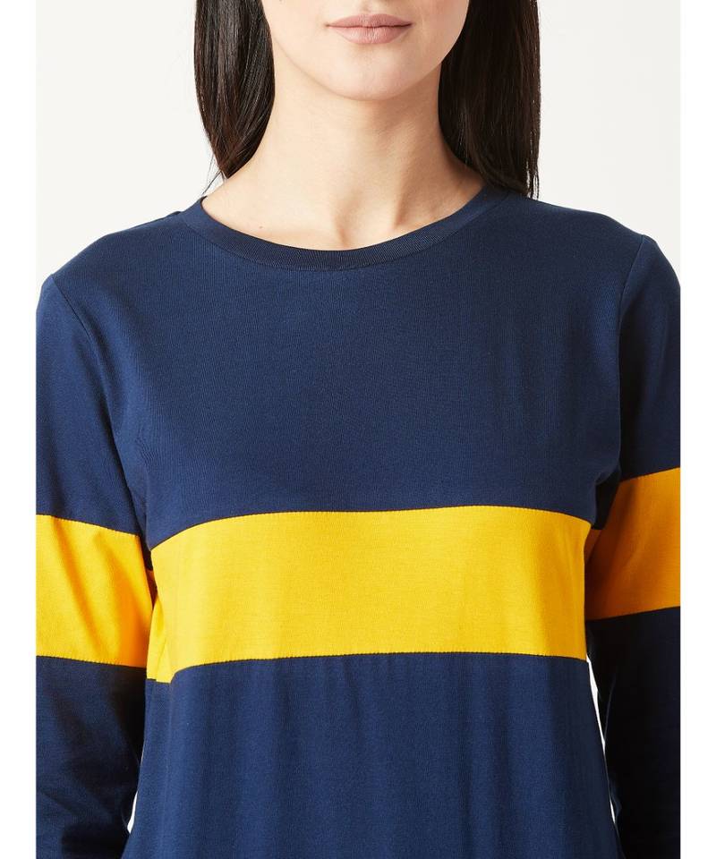 Women's blue Round Neck full_sleeves Cotton Solid Boxy Color block Sweatshirt