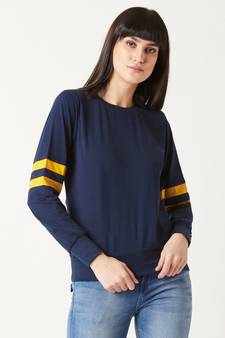 Women's blue Round Neck full_sleeves Cotton Solid Boxy Color block Paneled Sweatshirt