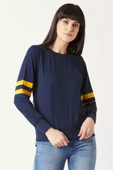 Women's blue Round Neck full_sleeves Cotton Solid Boxy Color block Paneled Sweatshirt
