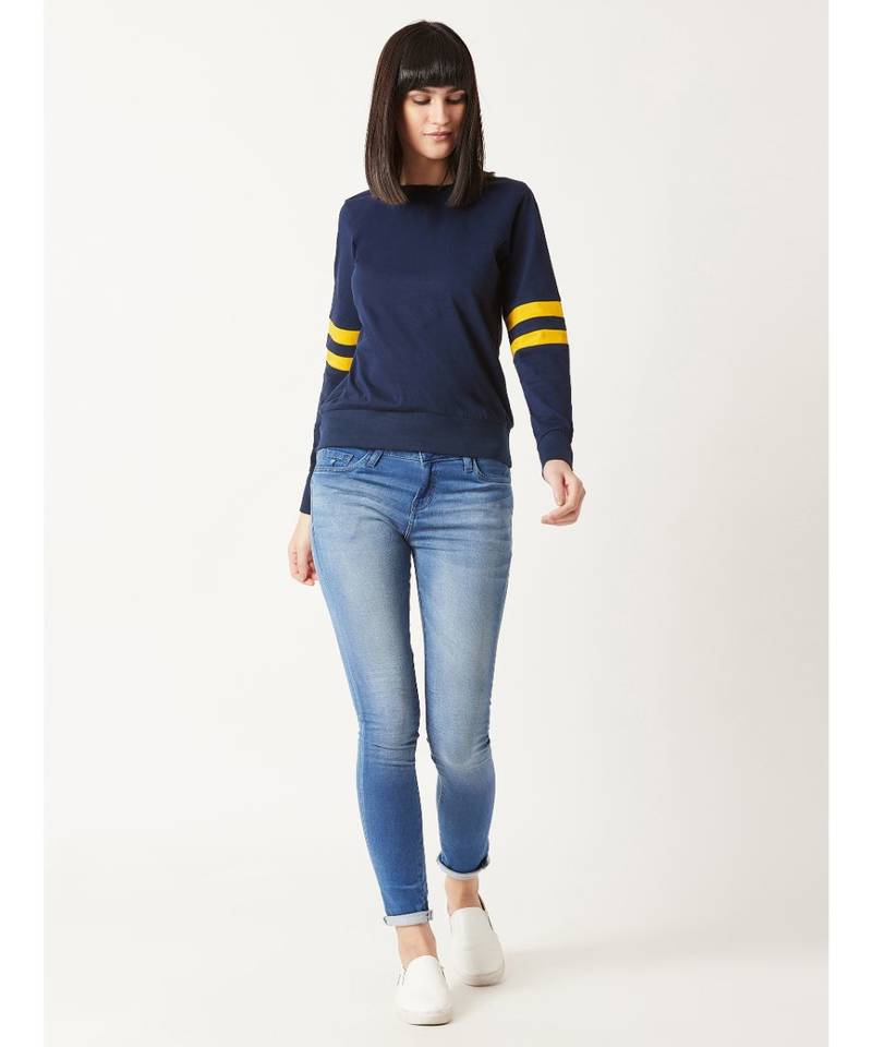Women's blue Round Neck full_sleeves Cotton Solid Boxy Color block Paneled Sweatshirt