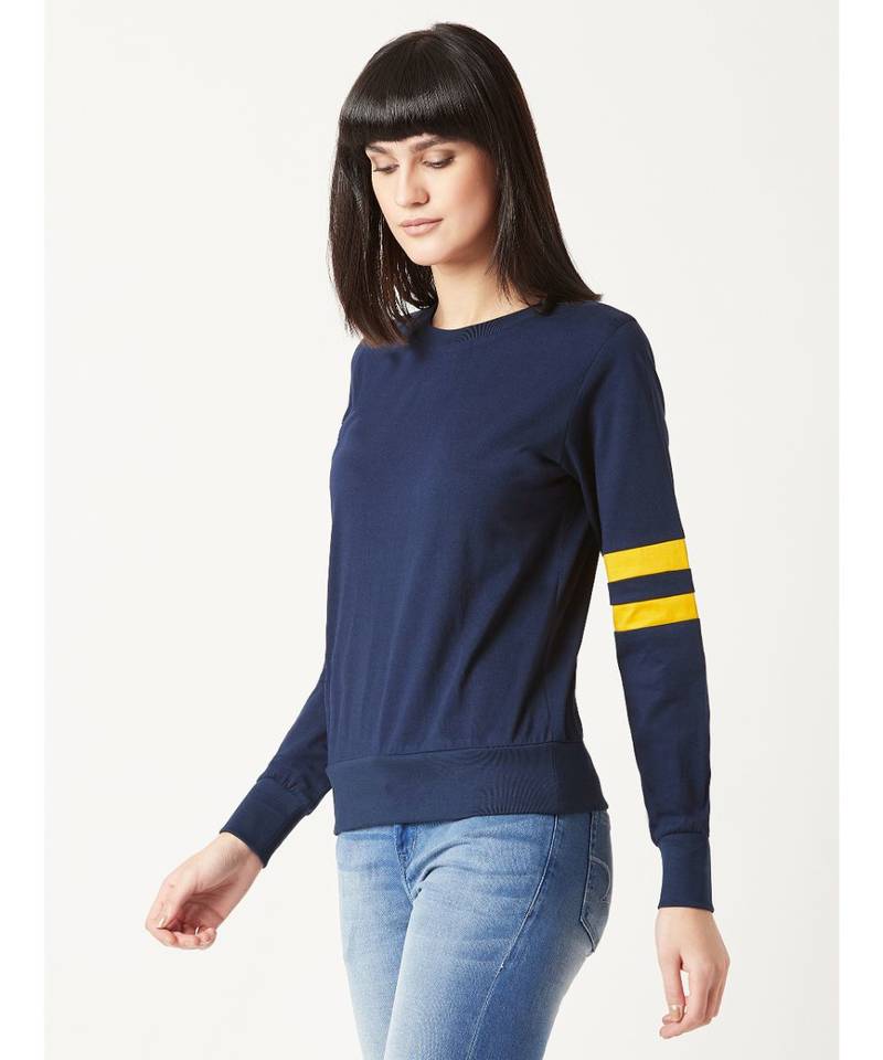 Women's blue Round Neck full_sleeves Cotton Solid Boxy Color block Paneled Sweatshirt