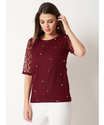 Women's Maroon Round Neck half_sleeves Cotton Solid Lace And Pearl Detailing Top 1