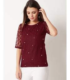 Women's Maroon Round Neck half_sleeves Cotton Solid Lace And Pearl Detailing Top
