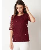 Women's Maroon Round Neck half_sleeves Cotton Solid Lace And Pearl Detailing Top
