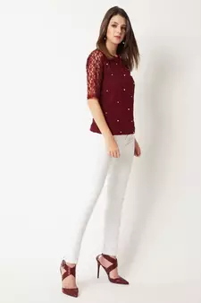 Women's Maroon Round Neck half_sleeves Cotton Solid Lace And Pearl Detailing Top