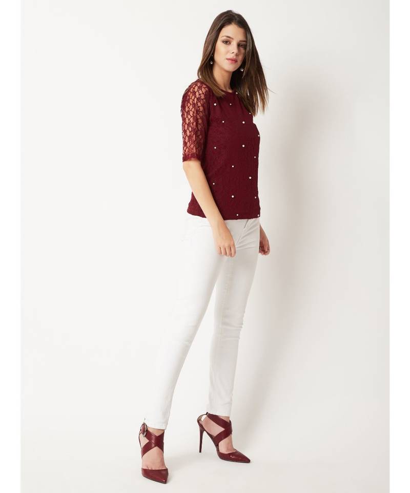 Women's Maroon Round Neck half_sleeves Cotton Solid Lace And Pearl Detailing Top