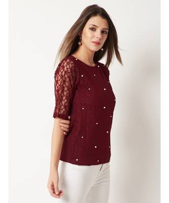 Women's Maroon Round Neck half_sleeves Cotton Solid Lace And Pearl Detailing Top 3