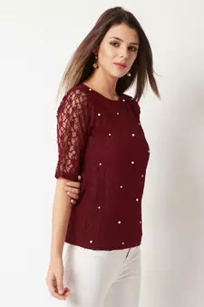 Women's Maroon Round Neck half_sleeves Cotton Solid Lace And Pearl Detailing Top