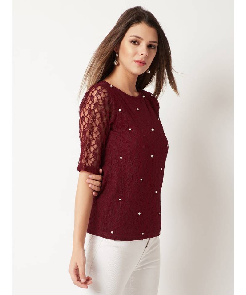 Women's Maroon Round Neck half_sleeves Cotton Solid Lace And Pearl Detailing Top