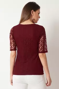 Women's Maroon Round Neck half_sleeves Cotton Solid Lace And Pearl Detailing Top