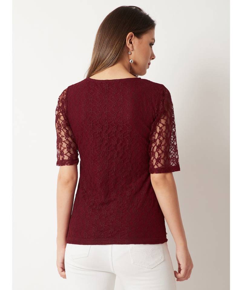 Women's Maroon Round Neck half_sleeves Cotton Solid Lace And Pearl Detailing Top