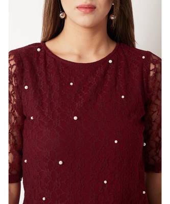 Women's Maroon Round Neck half_sleeves Cotton Solid Lace And Pearl Detailing Top 5