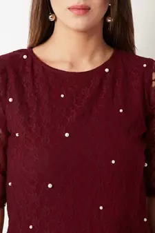 Women's Maroon Round Neck half_sleeves Cotton Solid Lace And Pearl Detailing Top