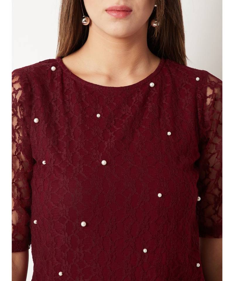 Women's Maroon Round Neck half_sleeves Cotton Solid Lace And Pearl Detailing Top