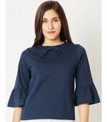 Women's blue Round Neck 3/4 Bell Sleeves Cotton Solid Gathered Tie-Up Eyelet Detailing Top