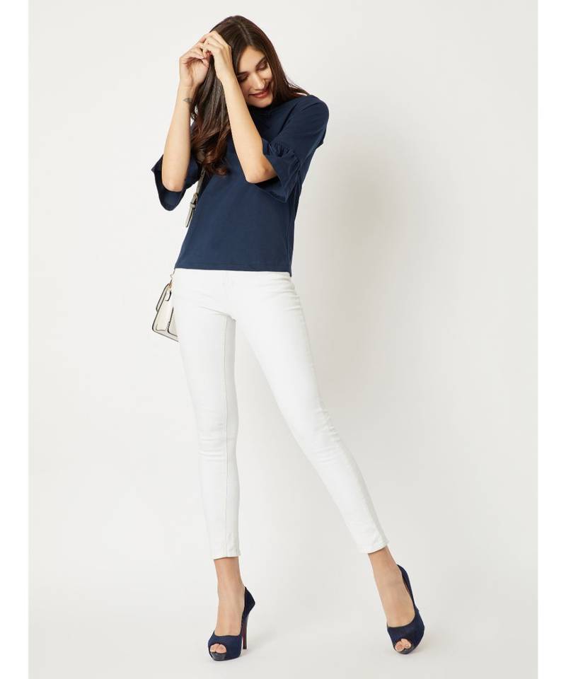 Women's blue Round Neck 3/4 Bell Sleeves Cotton Solid Gathered Tie-Up Eyelet Detailing Top