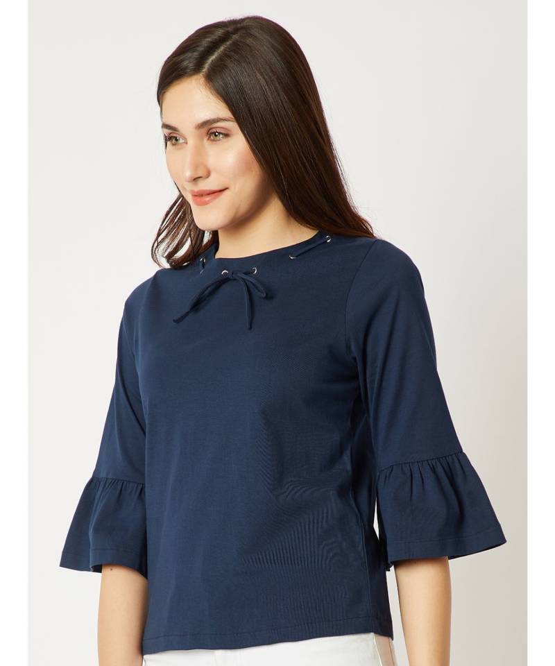 Women's blue Round Neck 3/4 Bell Sleeves Cotton Solid Gathered Tie-Up Eyelet Detailing Top