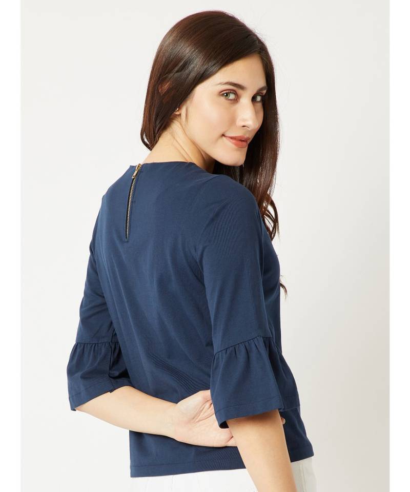 Women's blue Round Neck 3/4 Bell Sleeves Cotton Solid Gathered Tie-Up Eyelet Detailing Top
