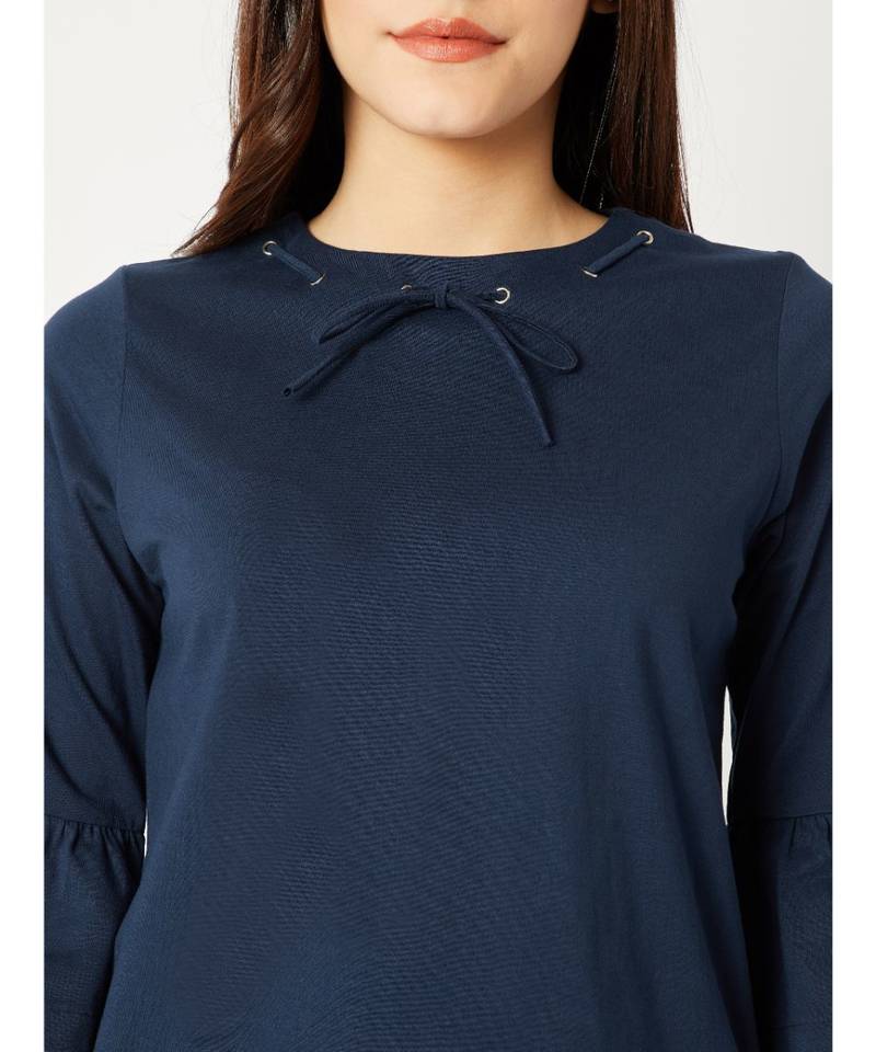 Women's blue Round Neck 3/4 Bell Sleeves Cotton Solid Gathered Tie-Up Eyelet Detailing Top