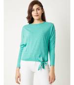 Women's Green Round Neck full_sleeve Cotton Solid Paneled Tie-Up Knotted Buttoned Top