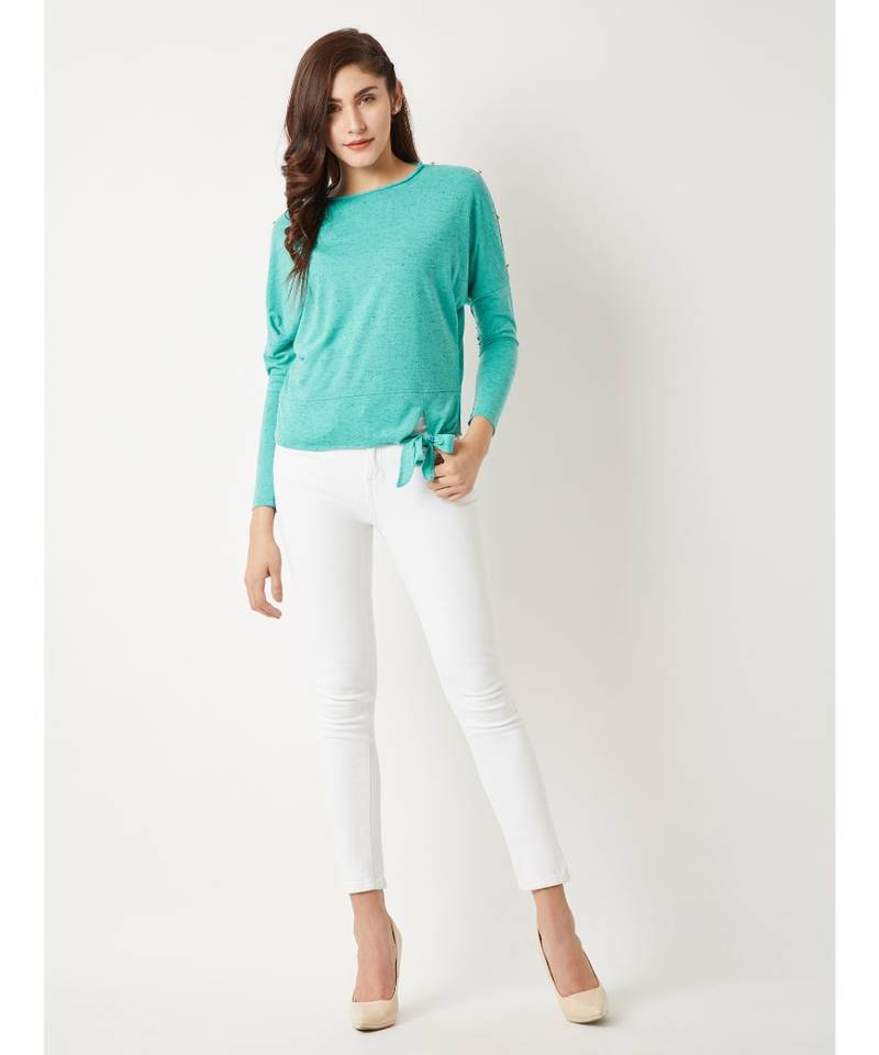 Women's Green Round Neck full_sleeve Cotton Solid Paneled Tie-Up Knotted Buttoned Top