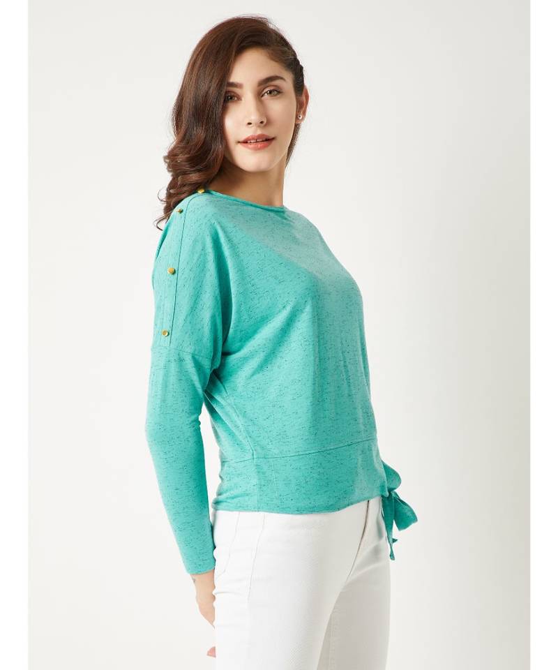 Women's Green Round Neck full_sleeve Cotton Solid Paneled Tie-Up Knotted Buttoned Top
