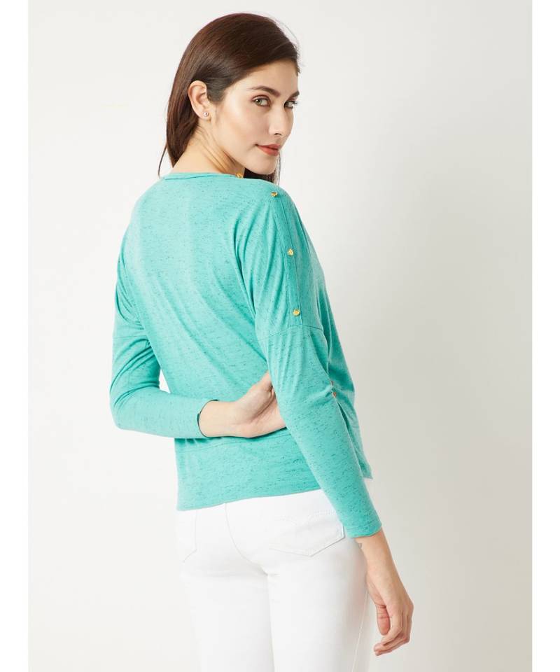 Women's Green Round Neck full_sleeve Cotton Solid Paneled Tie-Up Knotted Buttoned Top