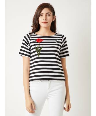 Women's Black and White Round Neck half_sleeve Cotton Striped Patch Work Detailing Top 1