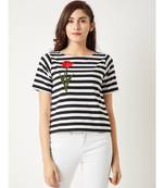 Women's Black and White Round Neck half_sleeve Cotton Striped Patch Work Detailing Top