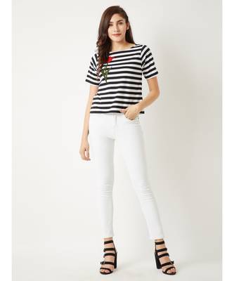 Women's Black and White Round Neck half_sleeve Cotton Striped Patch Work Detailing Top 2