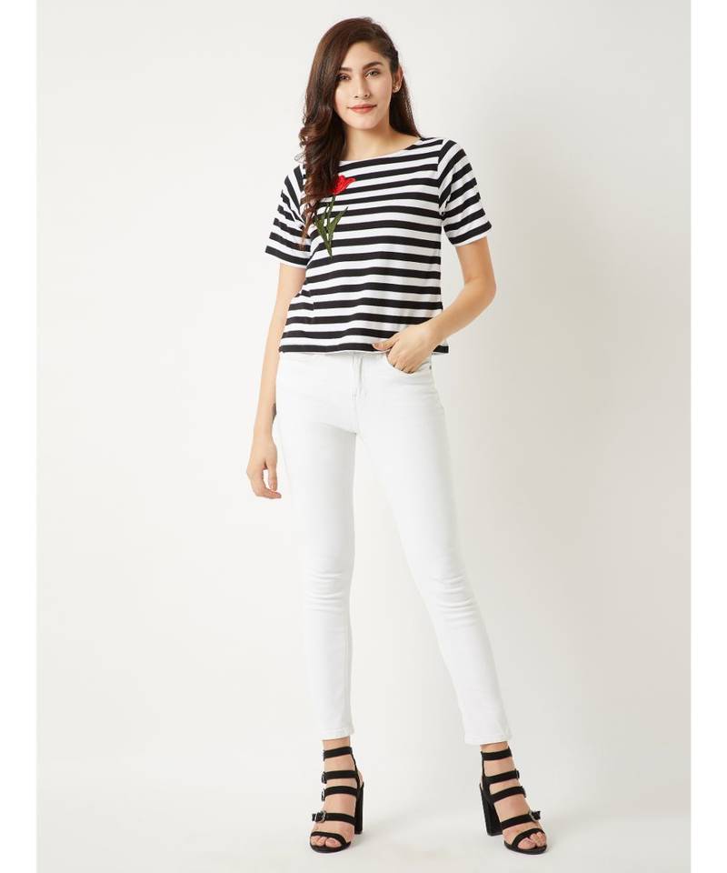 Women's Black and White Round Neck half_sleeve Cotton Striped Patch Work Detailing Top