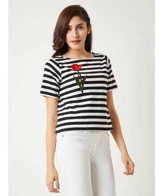 Women's Black and White Round Neck half_sleeve Cotton Striped Patch Work Detailing Top 3