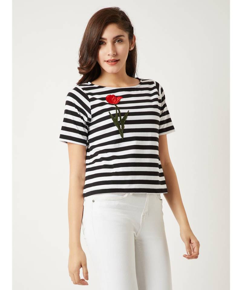 Women's Black and White Round Neck half_sleeve Cotton Striped Patch Work Detailing Top