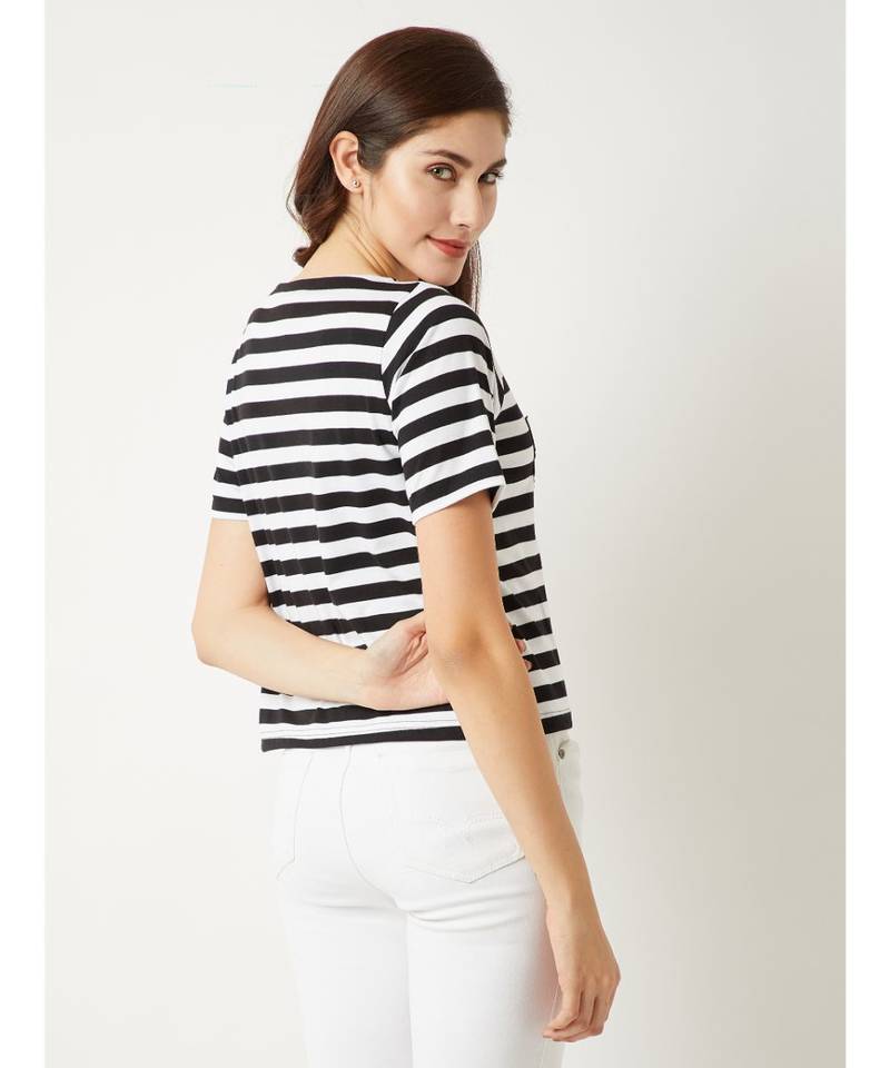 Women's Black and White Round Neck half_sleeve Cotton Striped Patch Work Detailing Top
