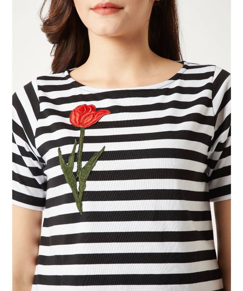 Women's Black and White Round Neck half_sleeve Cotton Striped Patch Work Detailing Top
