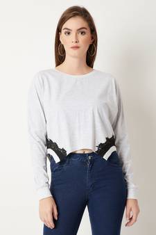 Women's Grey Round Neck full_sleeve Cotton Solid Lace Embroidered Top