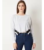 Women's Grey Round Neck full_sleeve Cotton Solid Lace Embroidered Top