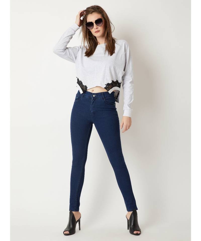 Women's Grey Round Neck full_sleeve Cotton Solid Lace Embroidered Top