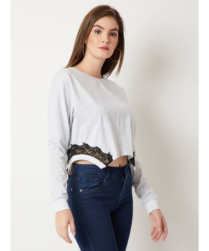 Women's Grey Round Neck full_sleeve Cotton Solid Lace Embroidered Top