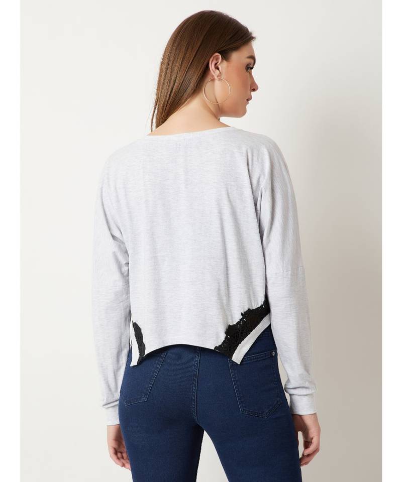 Women's Grey Round Neck full_sleeve Cotton Solid Lace Embroidered Top