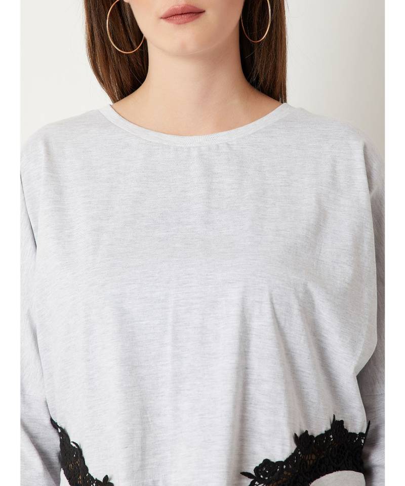Women's Grey Round Neck full_sleeve Cotton Solid Lace Embroidered Top