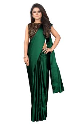 Green plain satin saree with blouse 1