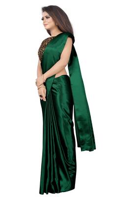 Green plain satin saree with blouse 2