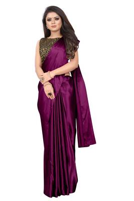 Wine plain satin saree with blouse 1